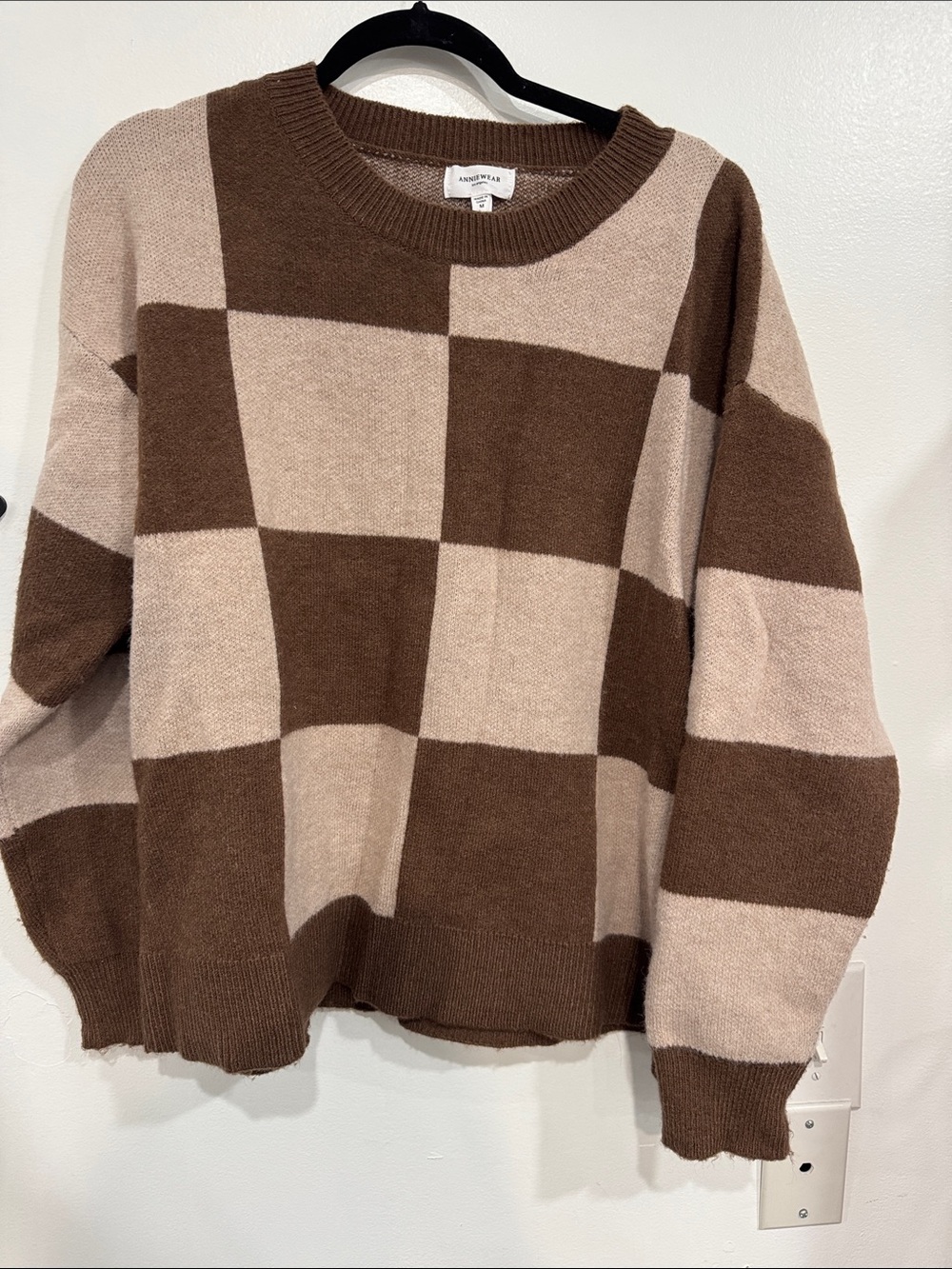 Checkerboard Crewneck Sweater in Brown and Cream